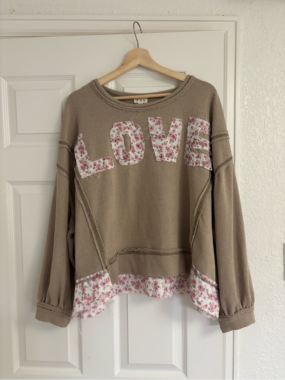 POL Love Struck Patchwork Letter Patch French Terry Pullover size M